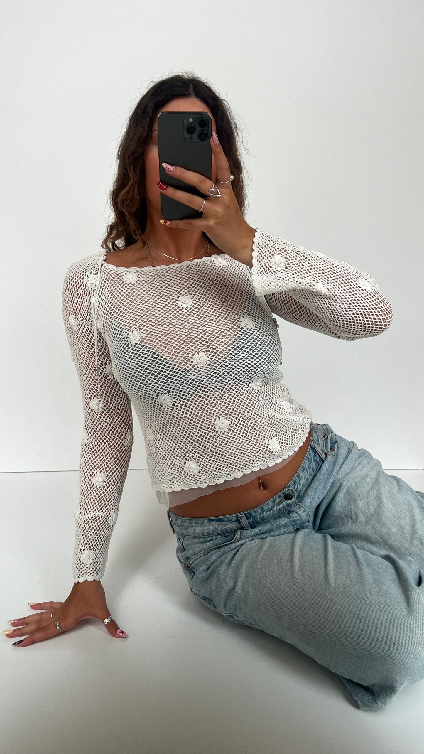 00s white crochet jumper- size S