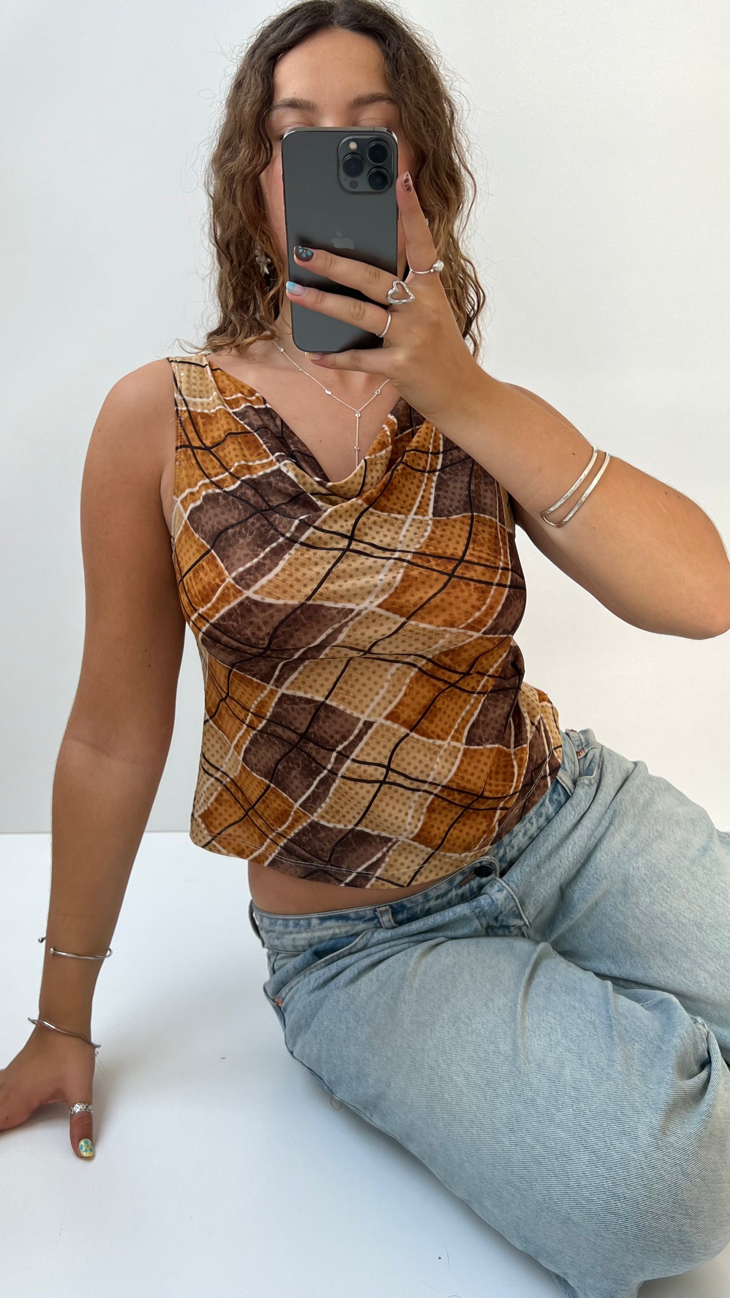 00s brown cowl neck top- size S
