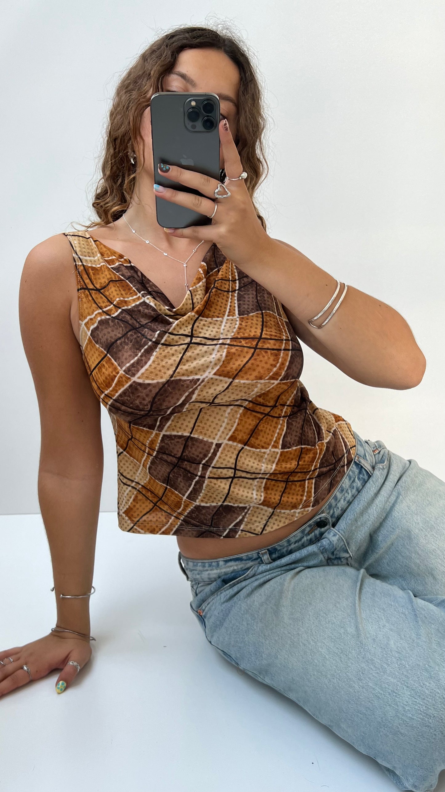 00s brown cowl neck top- size S