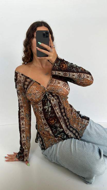 00s brown patterned top- size L