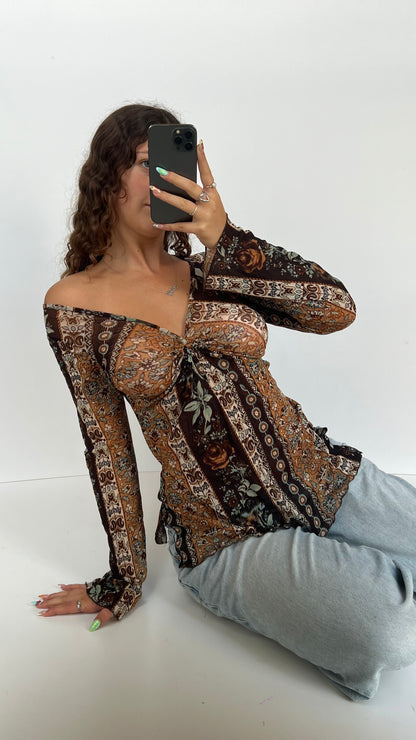 00s brown patterned top- size L