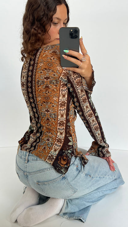 00s brown patterned top- size L