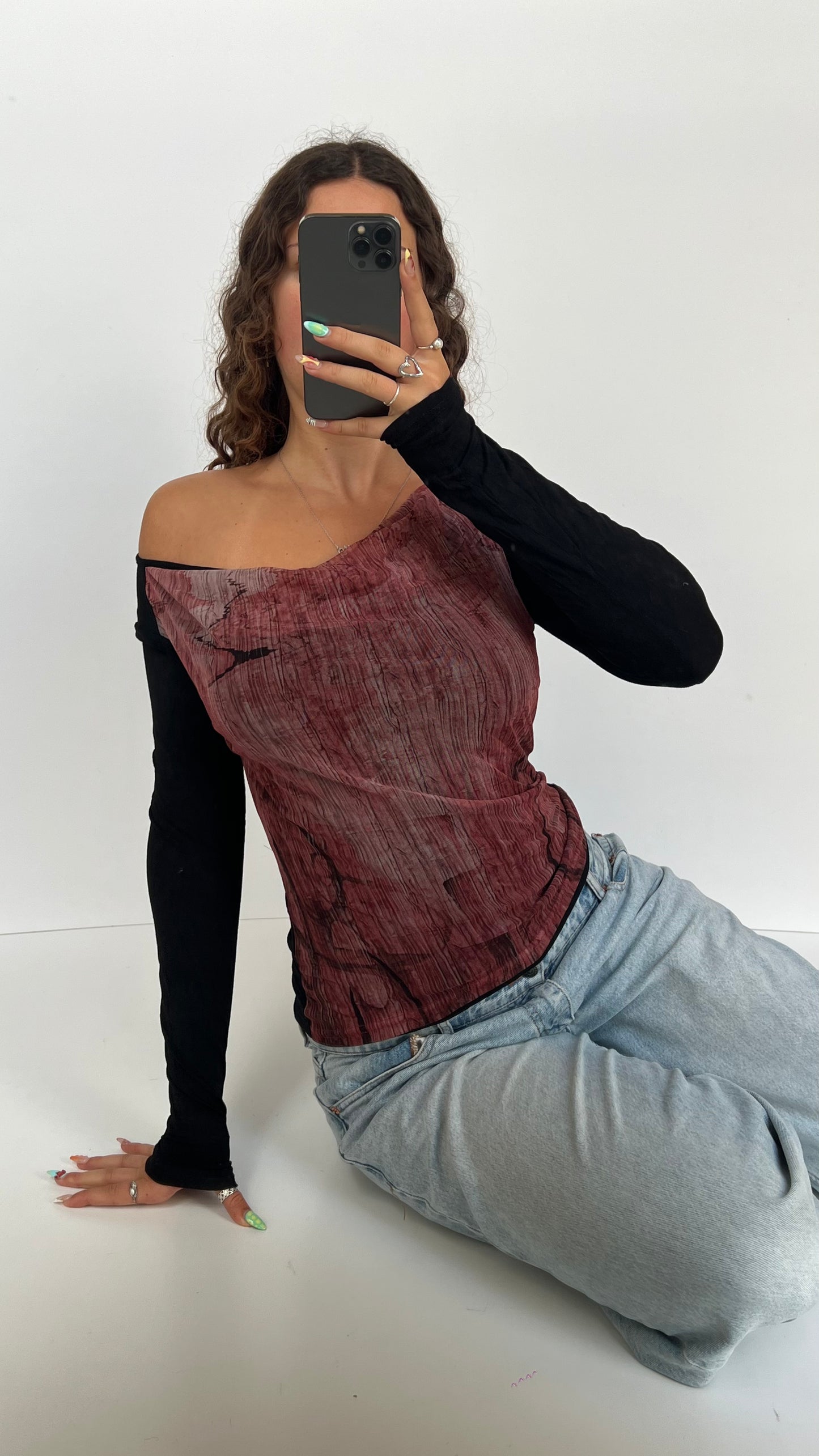 00s red mesh long sleeve top- size S