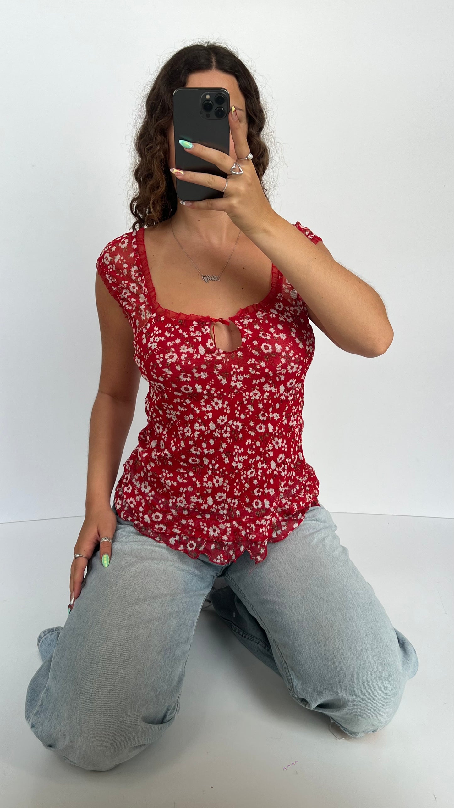 00s red floral babydoll top- size L