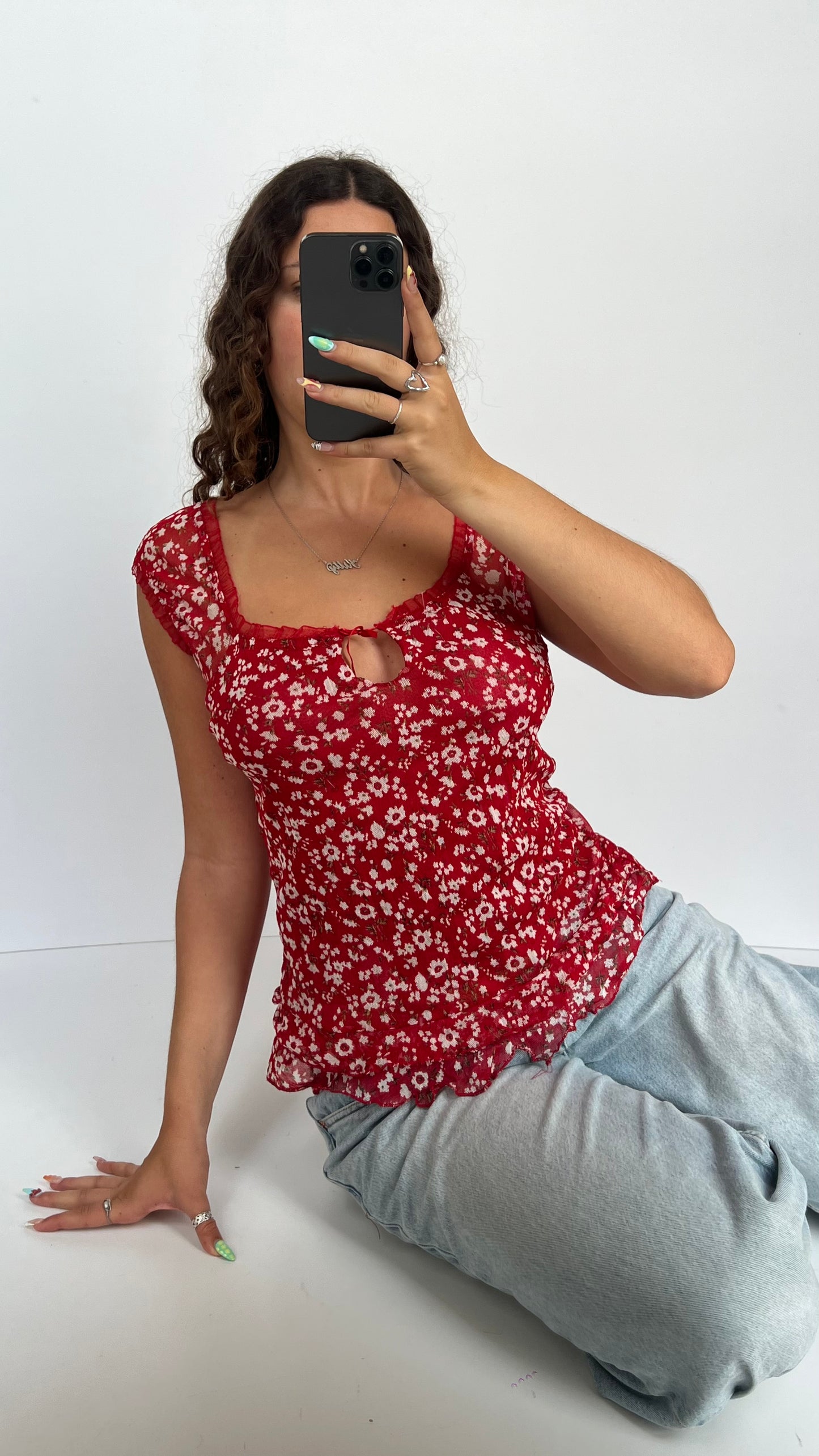 00s red floral babydoll top- size L