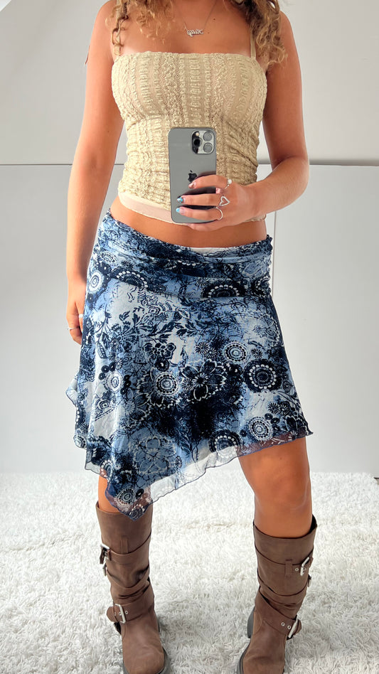 00s blue floral mesh midi skirt- size M