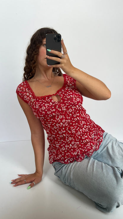 00s red floral babydoll top- size L
