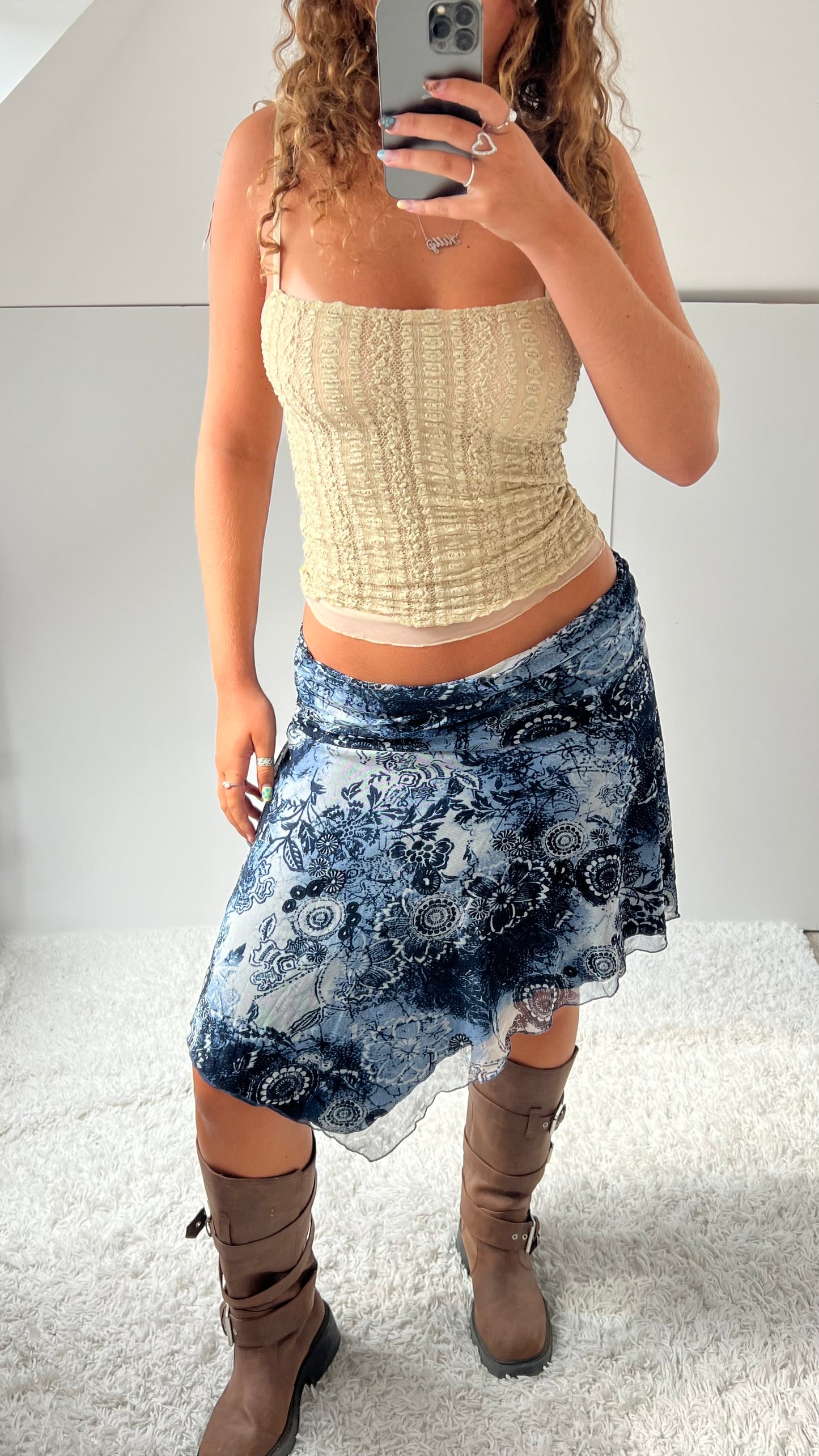 00s blue floral mesh midi skirt- size M