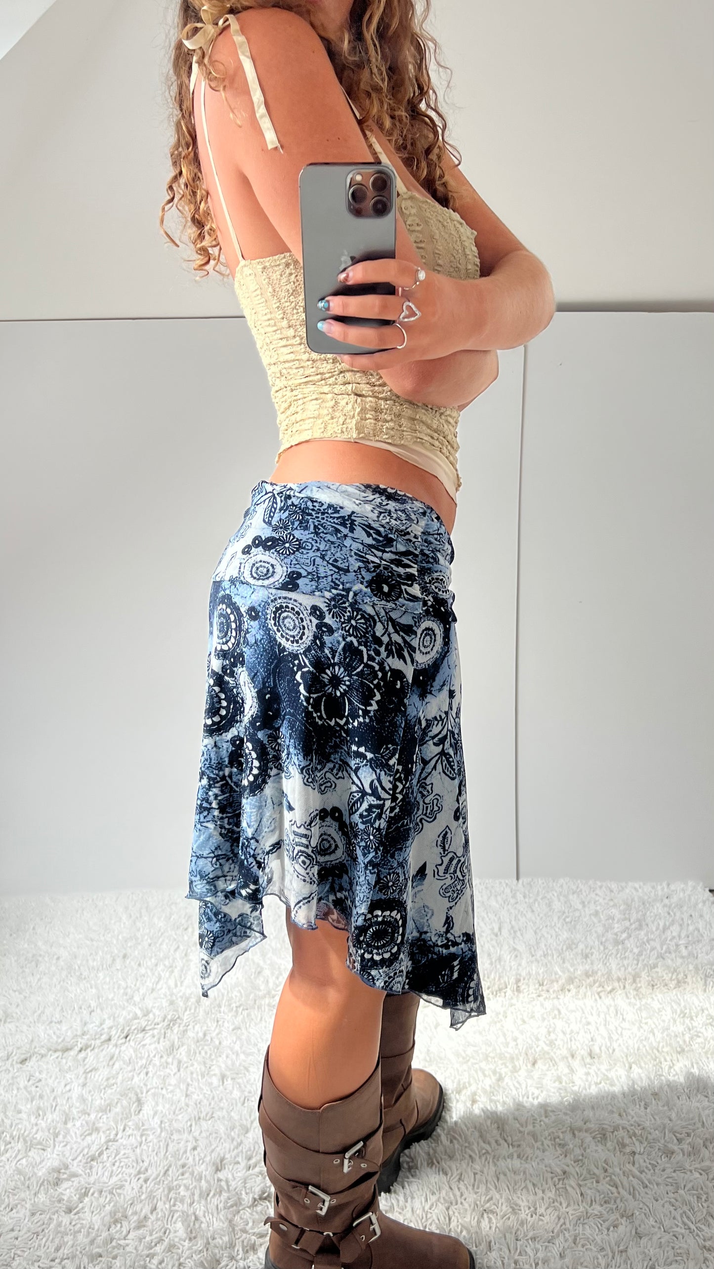 00s blue floral mesh midi skirt- size M
