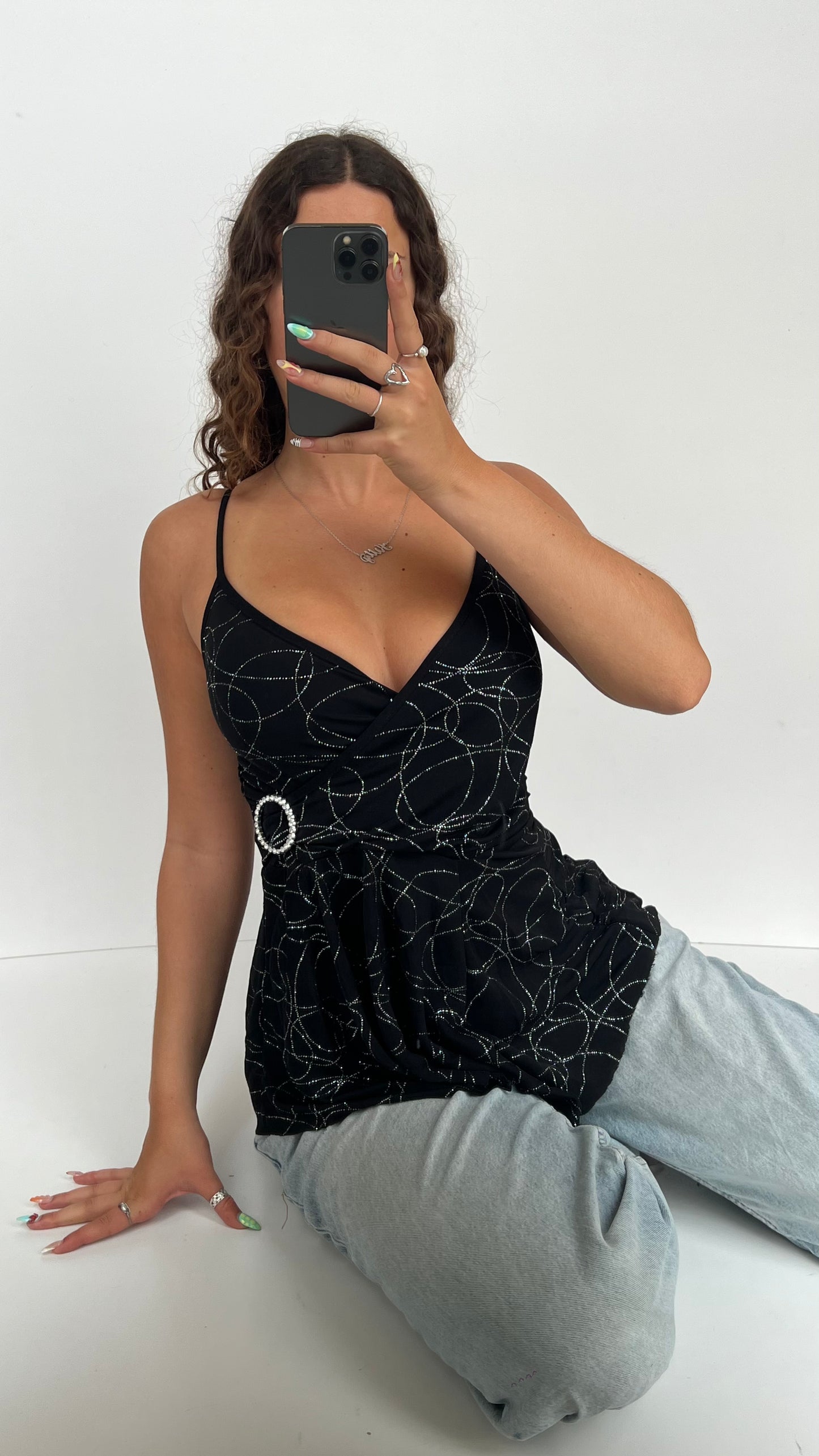 00s black glitter asymmetric cami- size S