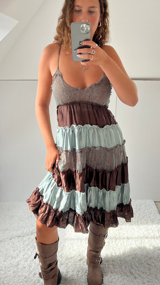 00s blue brown patchwork midi dress- size S