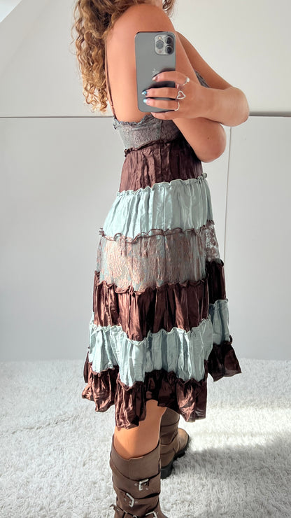 00s blue brown patchwork midi dress- size S
