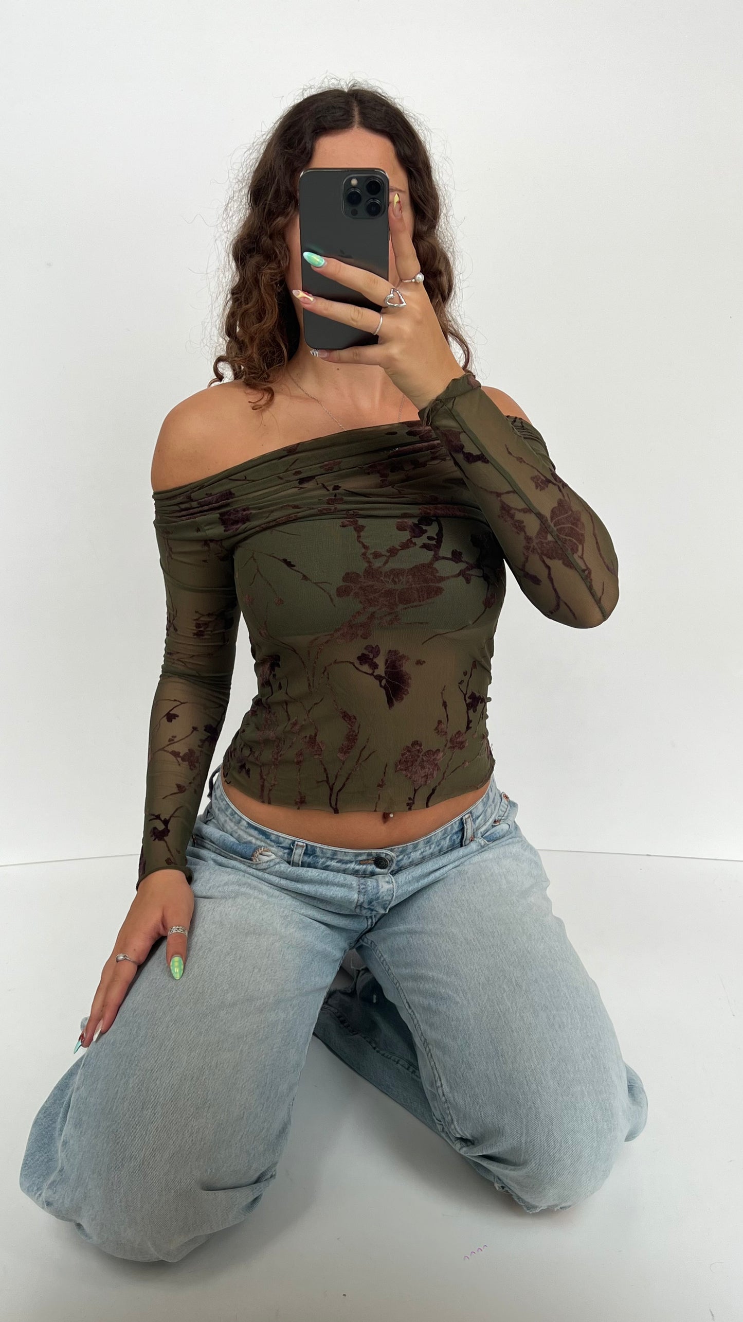 00s khaki floral mesh top- size S