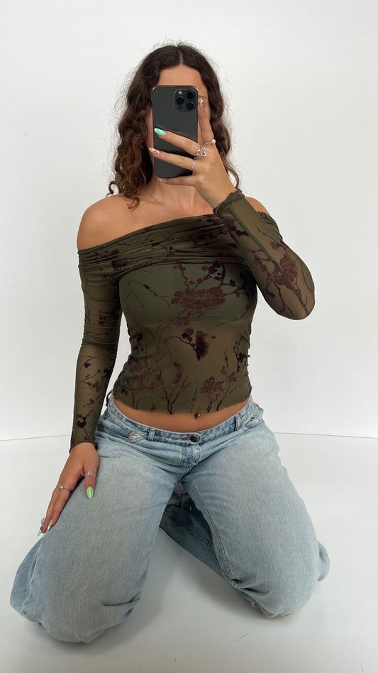 00s khaki floral mesh top- size S
