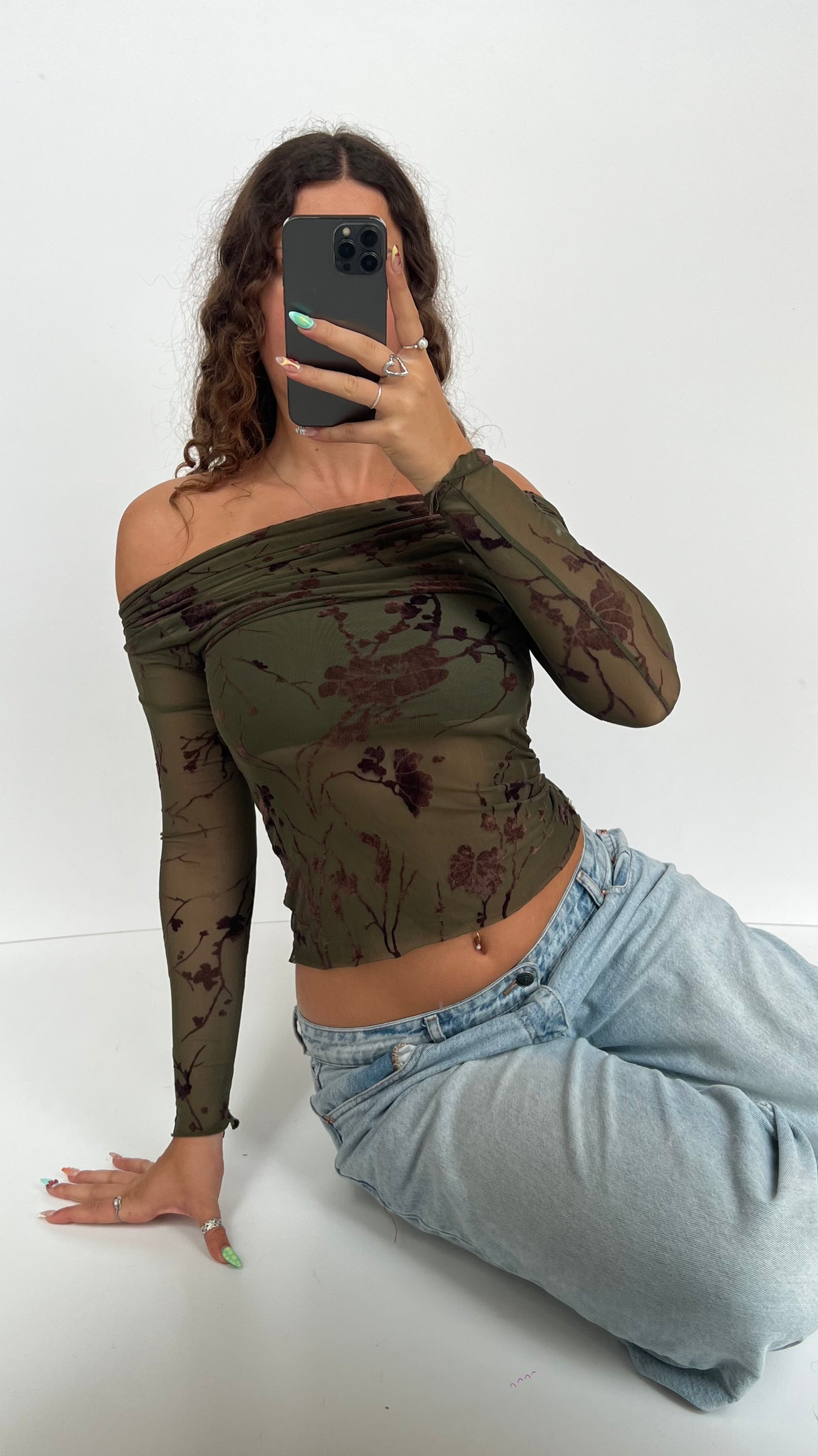 00s khaki floral mesh top- size S