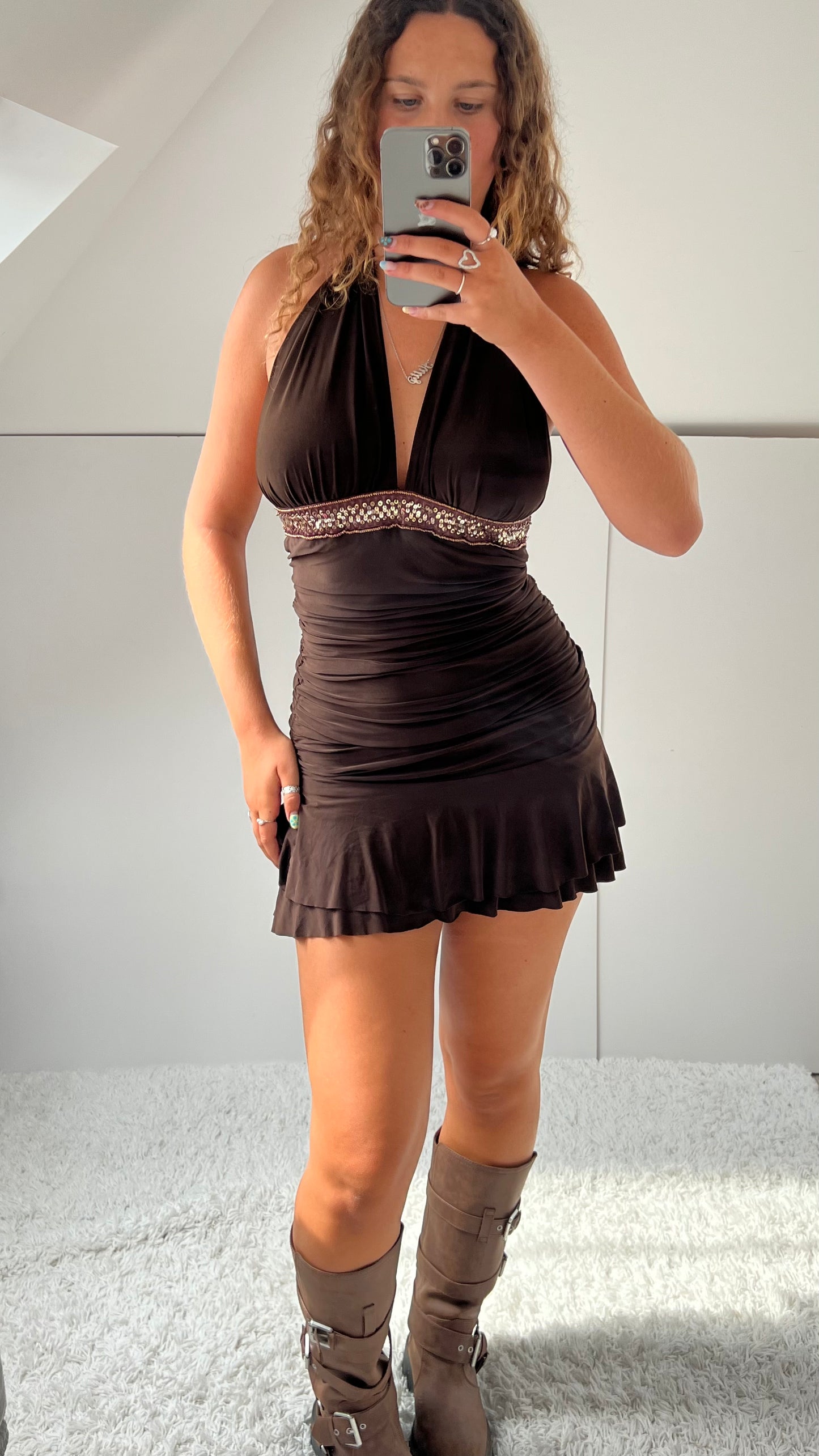 00s Lipsy brown mini dress- size S