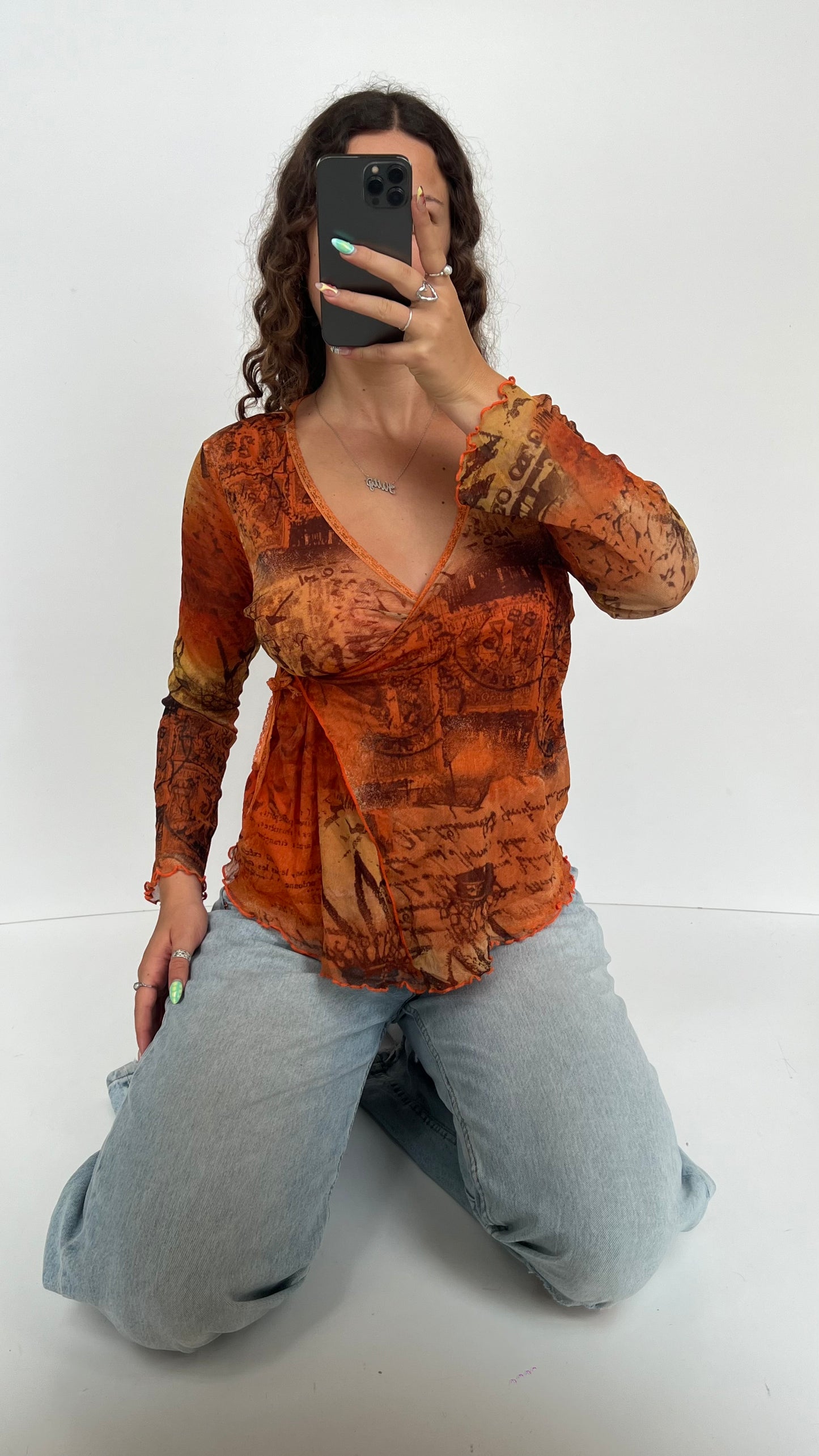 00s orange mesh long sleeve top- size L