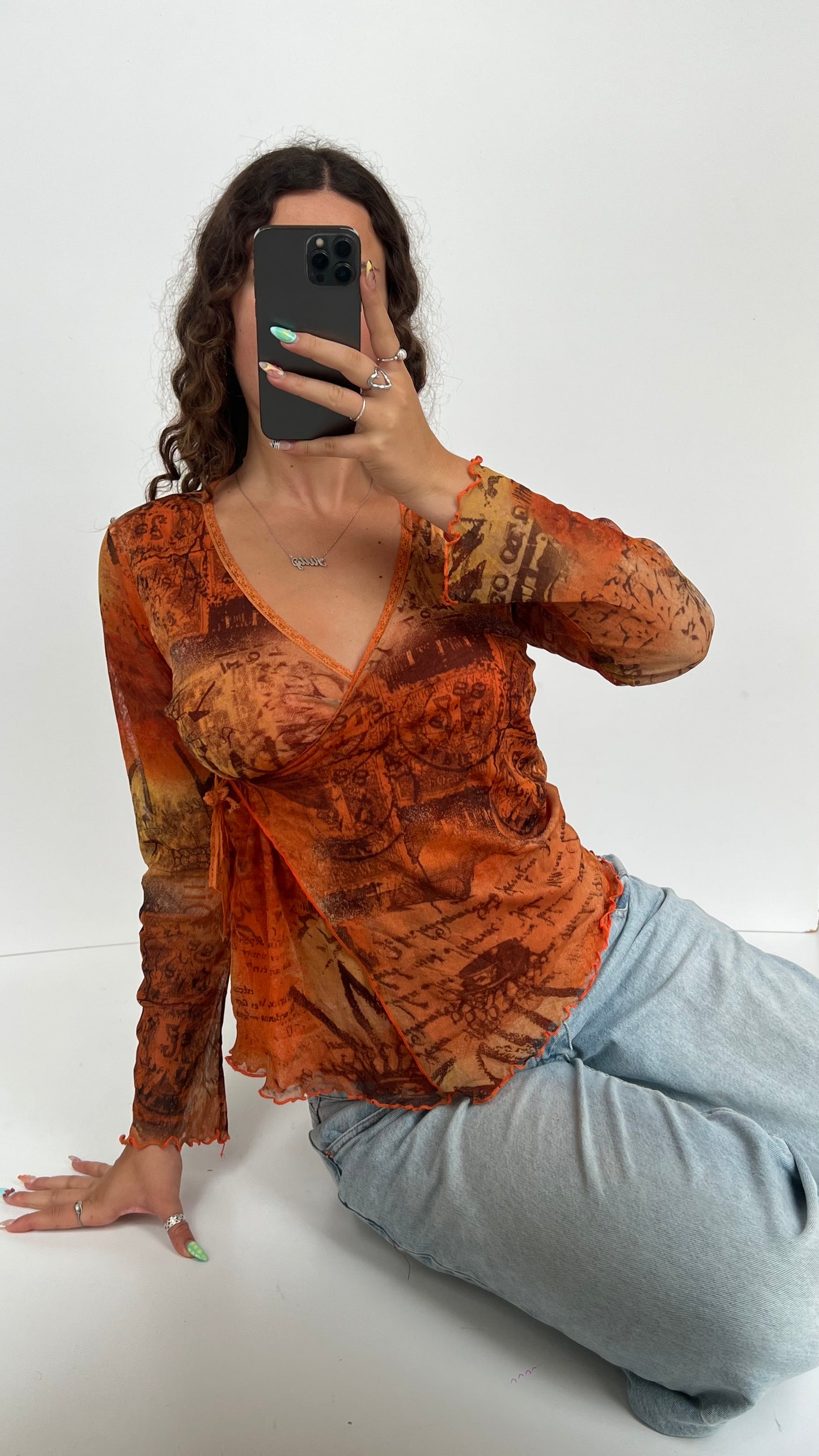00s orange mesh long sleeve top- size L