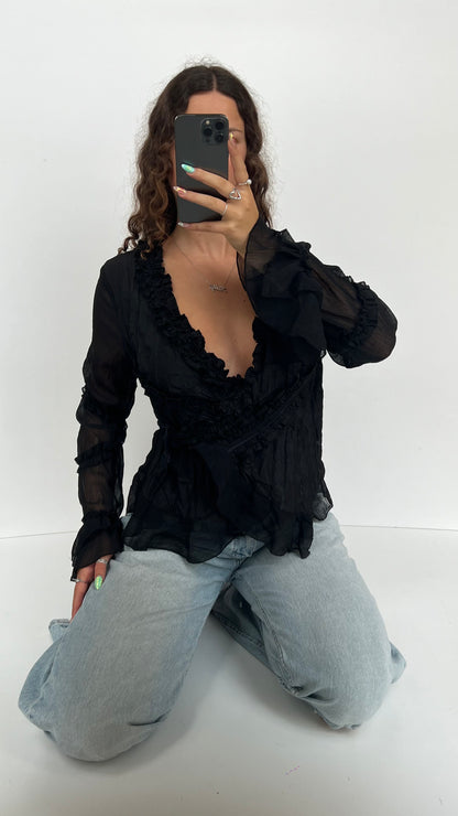 00s black ruffle blouse- size L