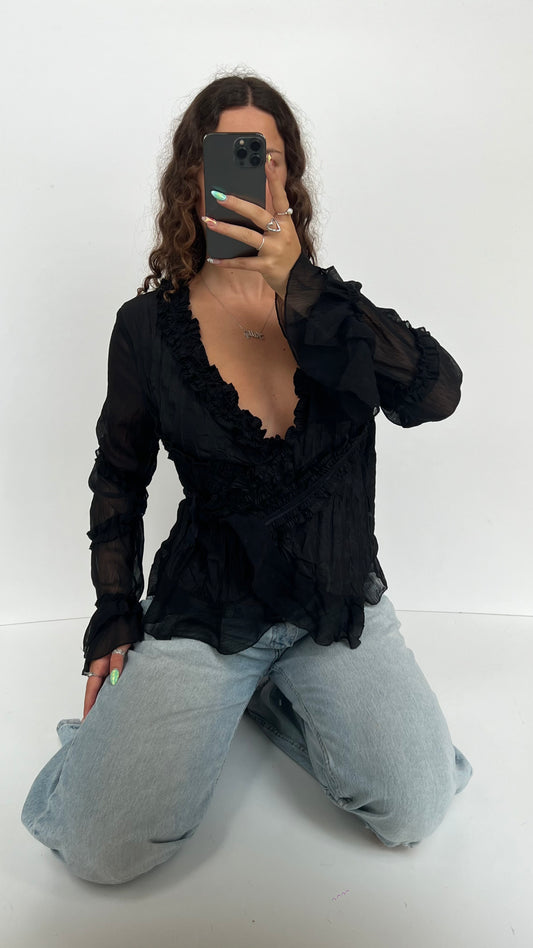 00s black ruffle blouse- size L