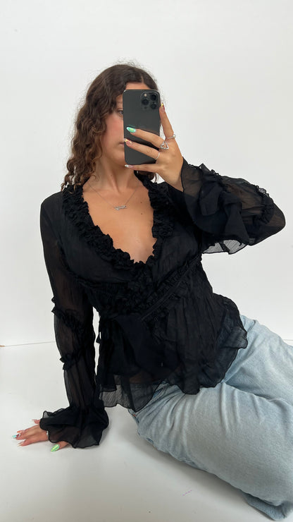 00s black ruffle blouse- size L