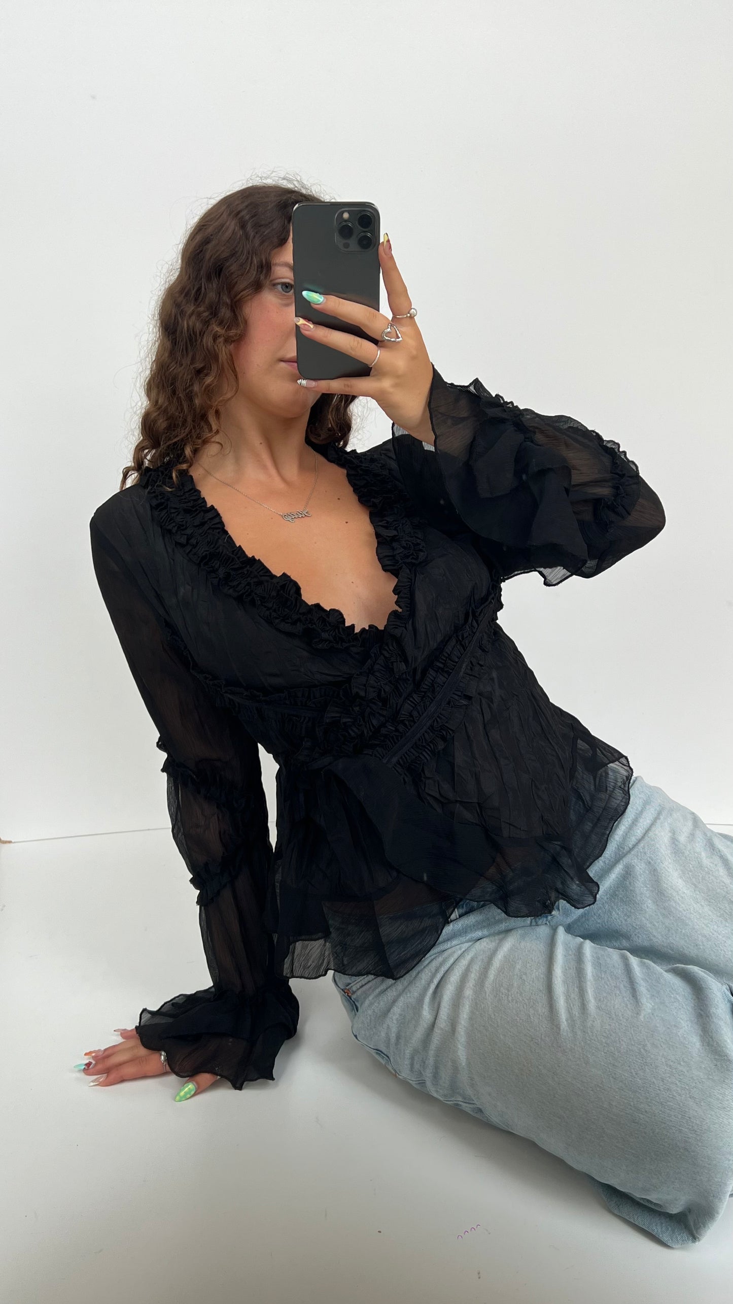 00s black ruffle blouse- size L