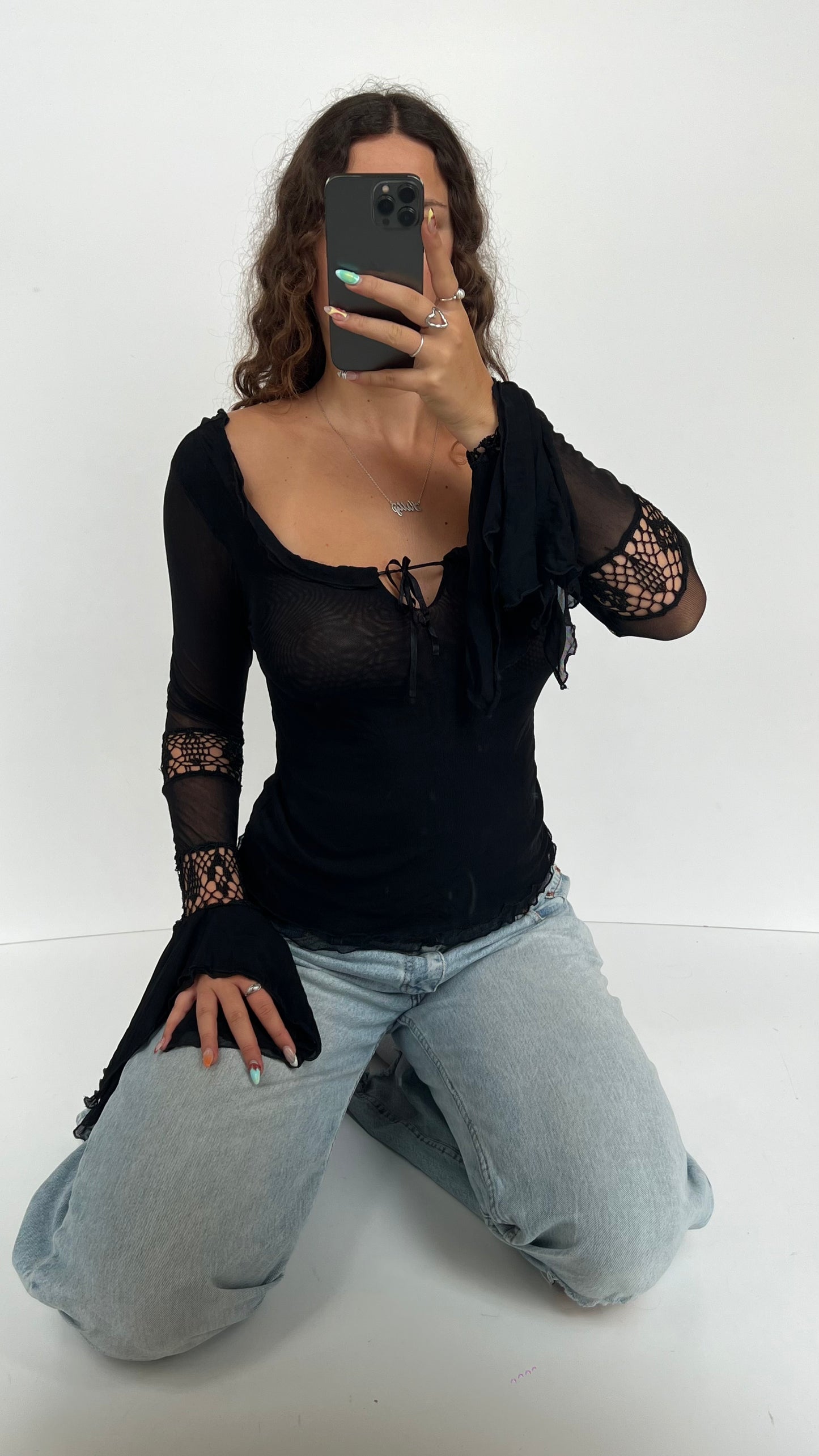 00s black mesh crochet top- size S