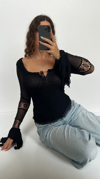 00s black mesh crochet top- size S