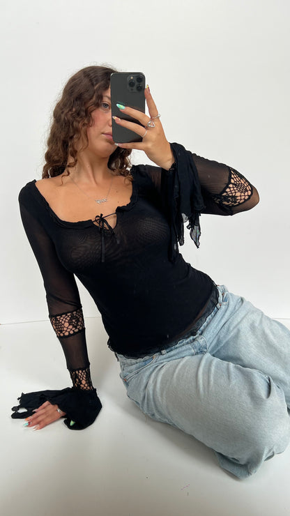 00s black mesh crochet top- size S