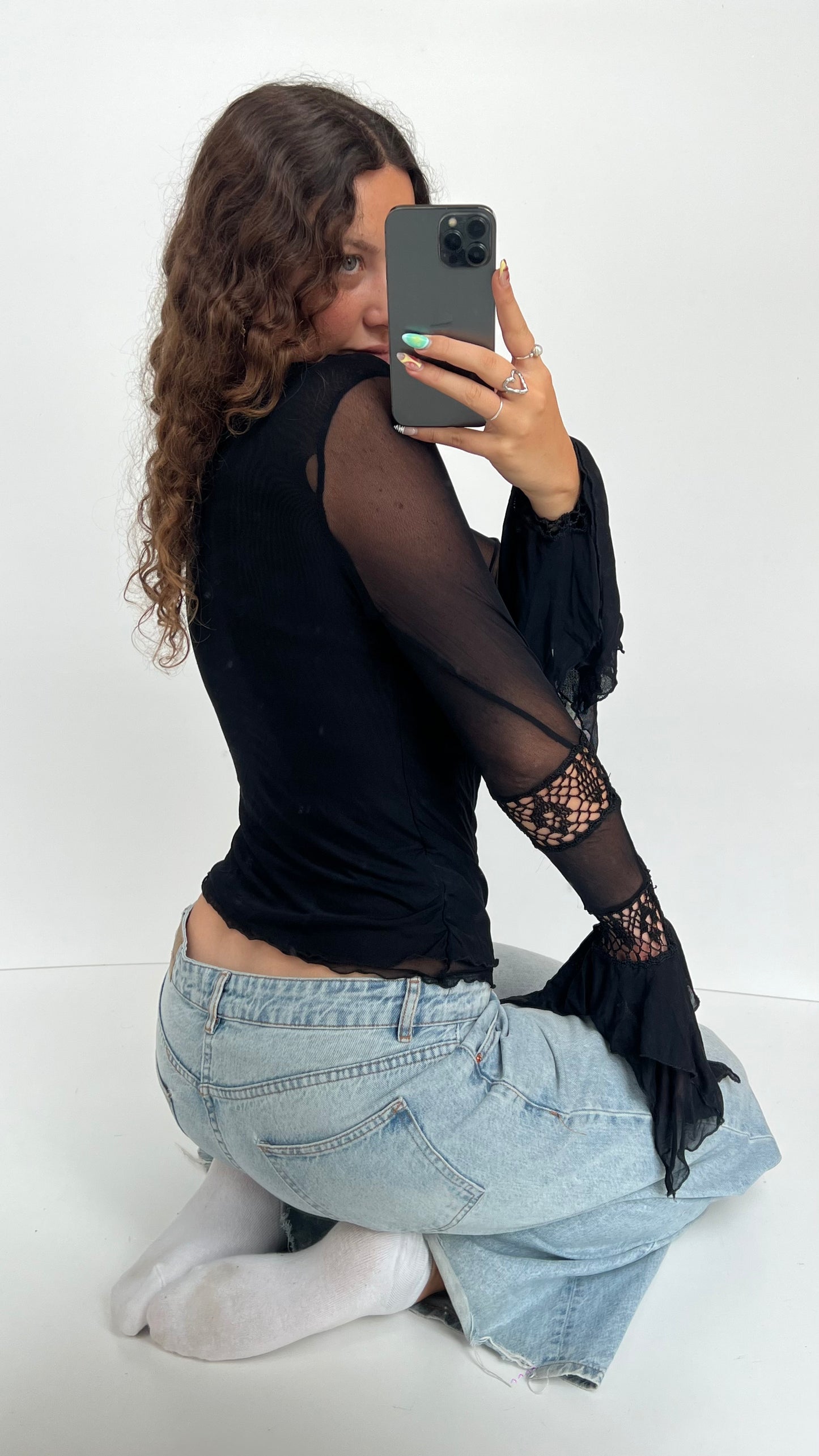 00s black mesh crochet top- size S
