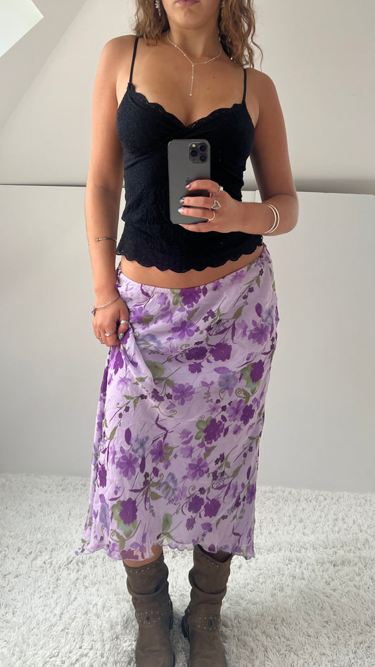00s purple floral mesh midi skirt- size M/L