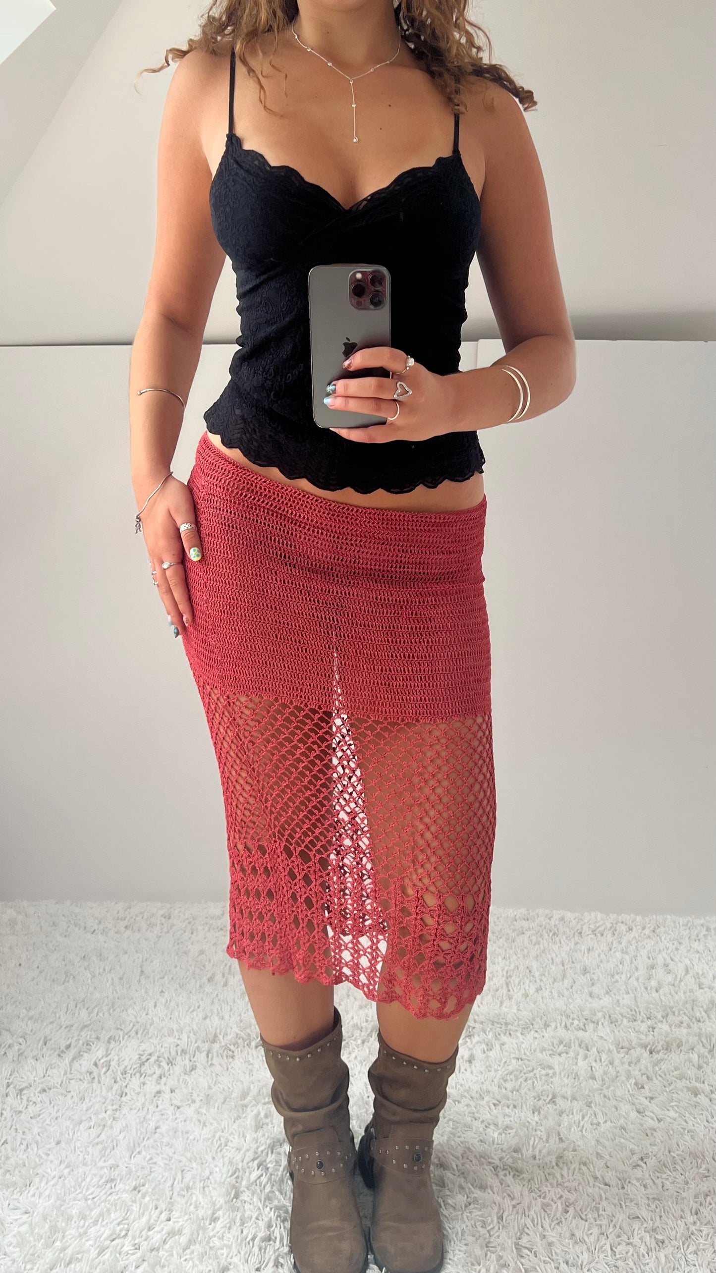 00s coral crochet midi skirt- size L