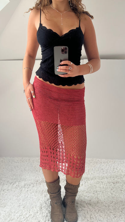 00s coral crochet midi skirt- size L
