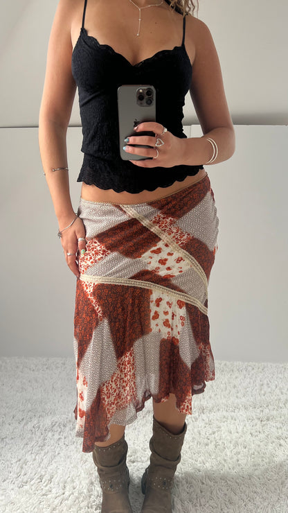 00s orange patchwork mesh midi skirt- size M