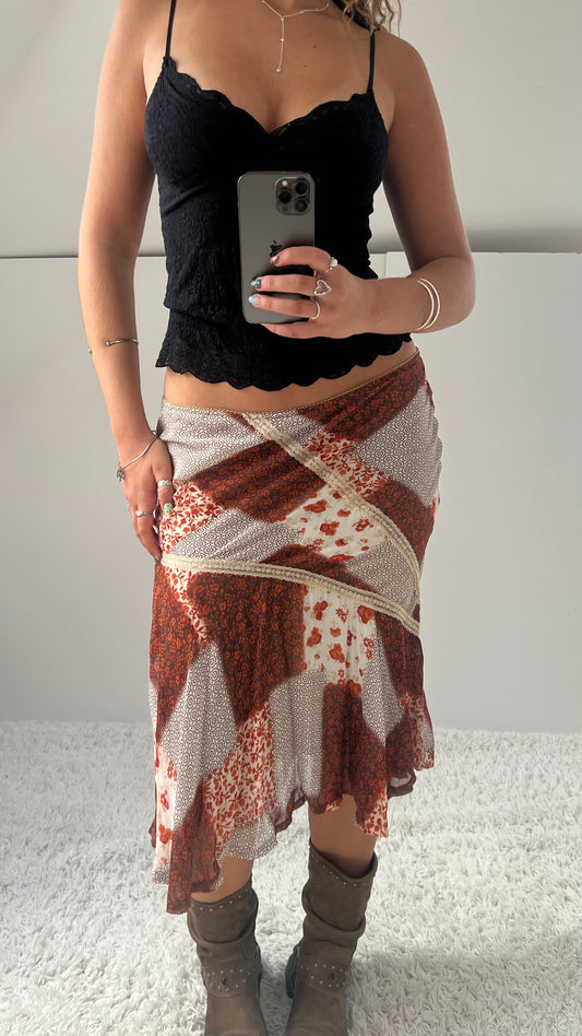 00s orange patchwork mesh midi skirt- size M
