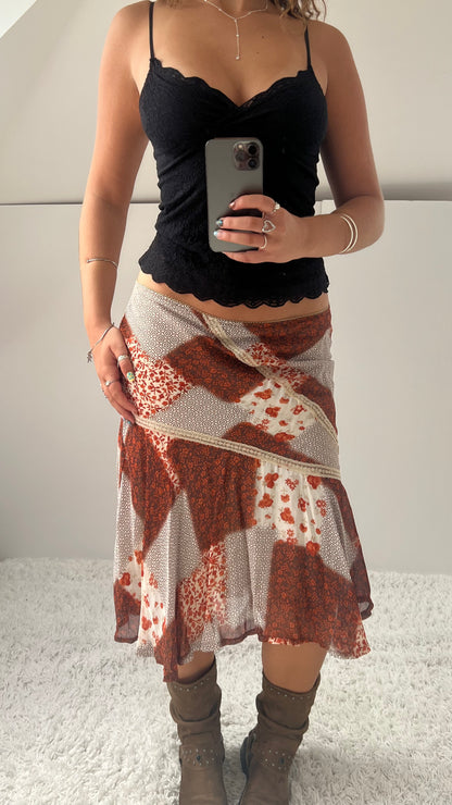 00s orange patchwork mesh midi skirt- size M