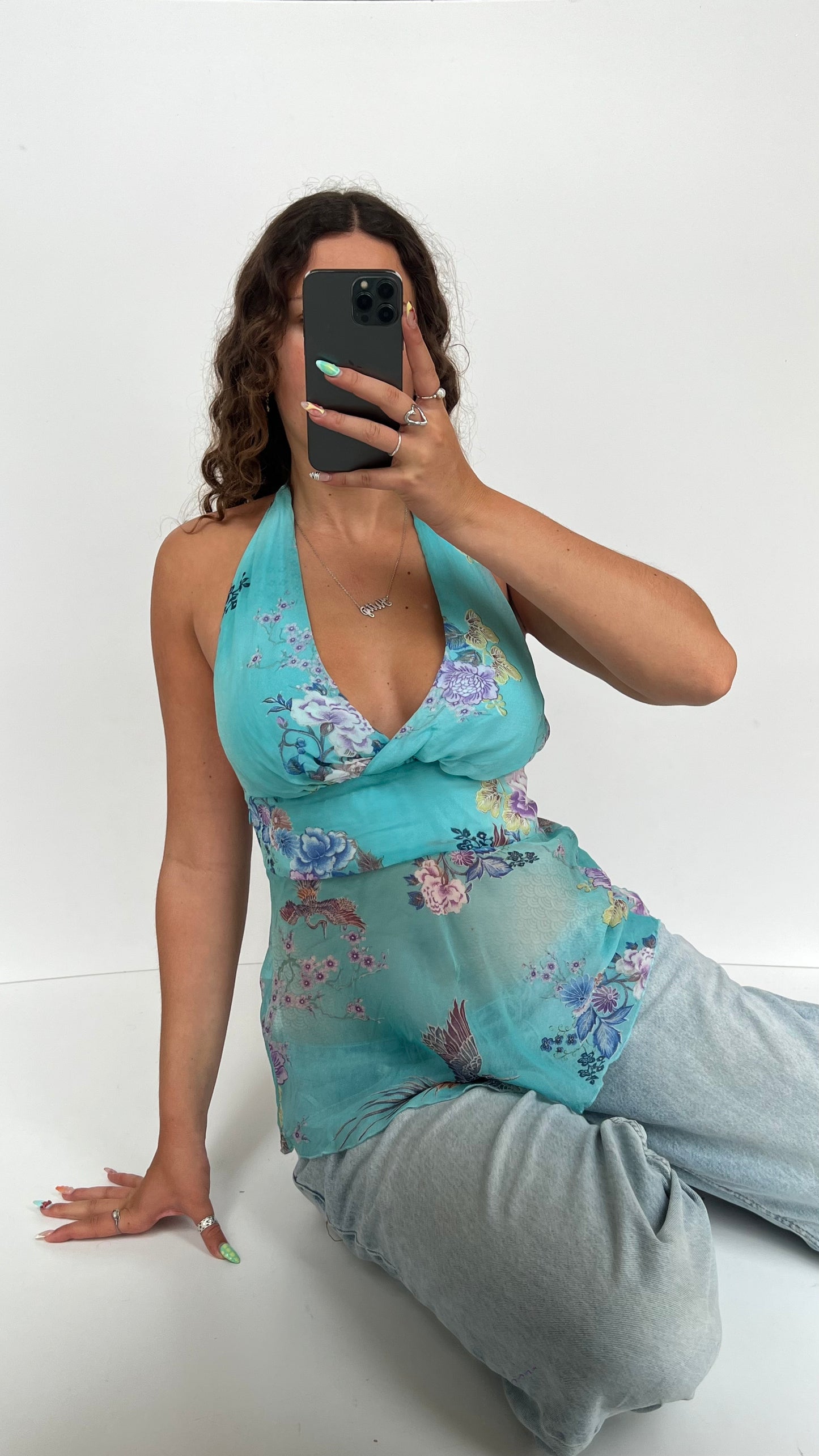 00s blue floral mesh cami- size M