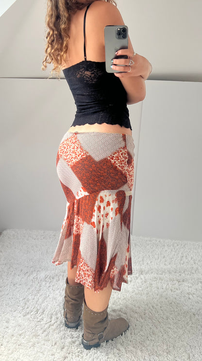00s orange patchwork mesh midi skirt- size M