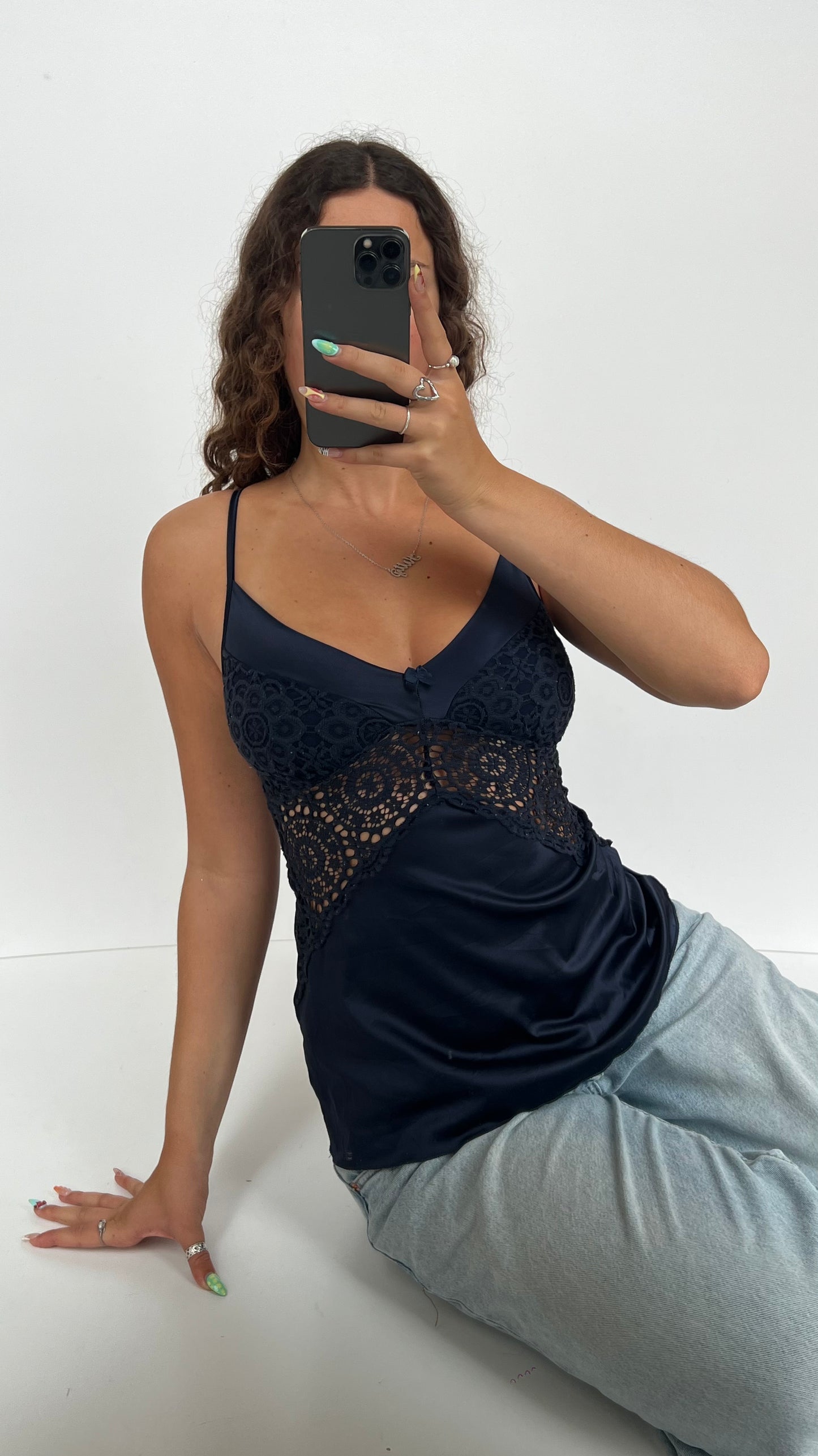 00s navy satin lace cami- size S