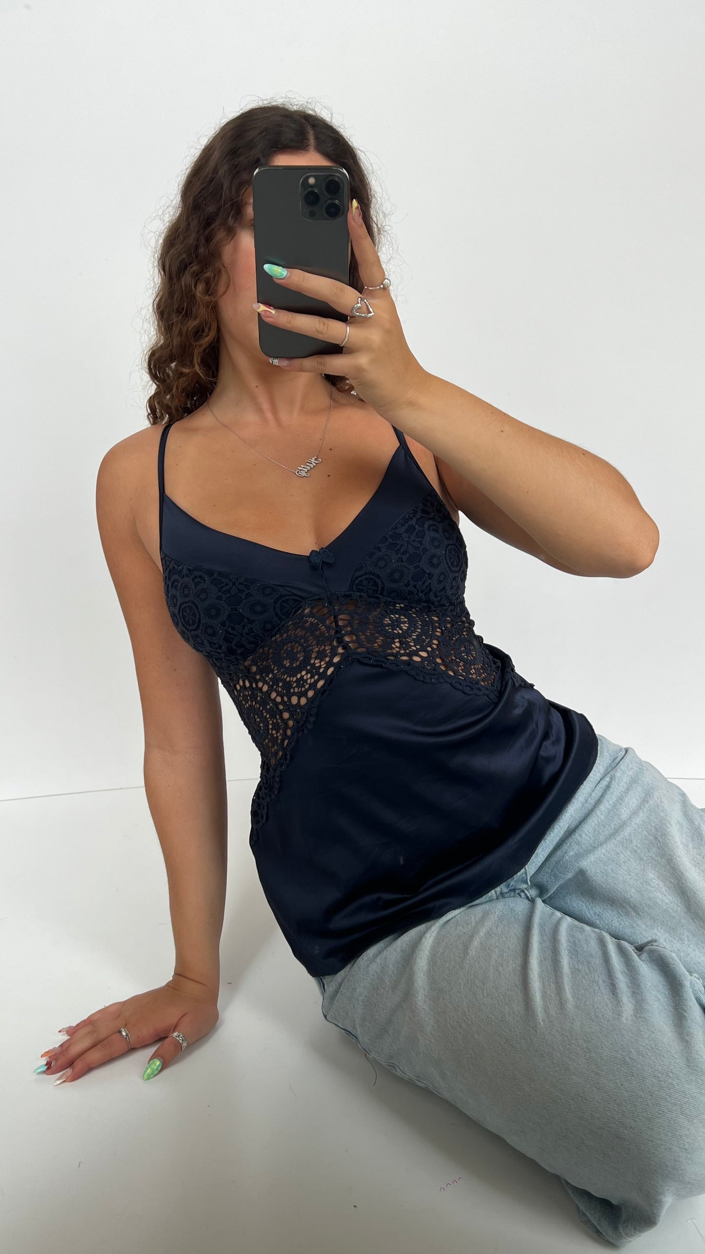 00s navy satin lace cami- size S