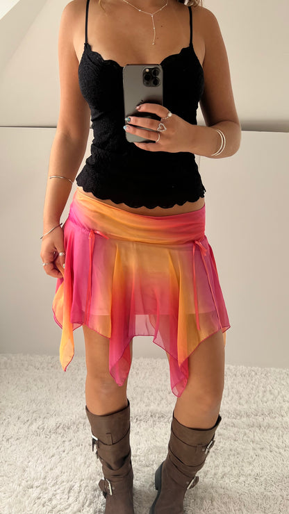 00s pink orange mesh mini skirt- size S