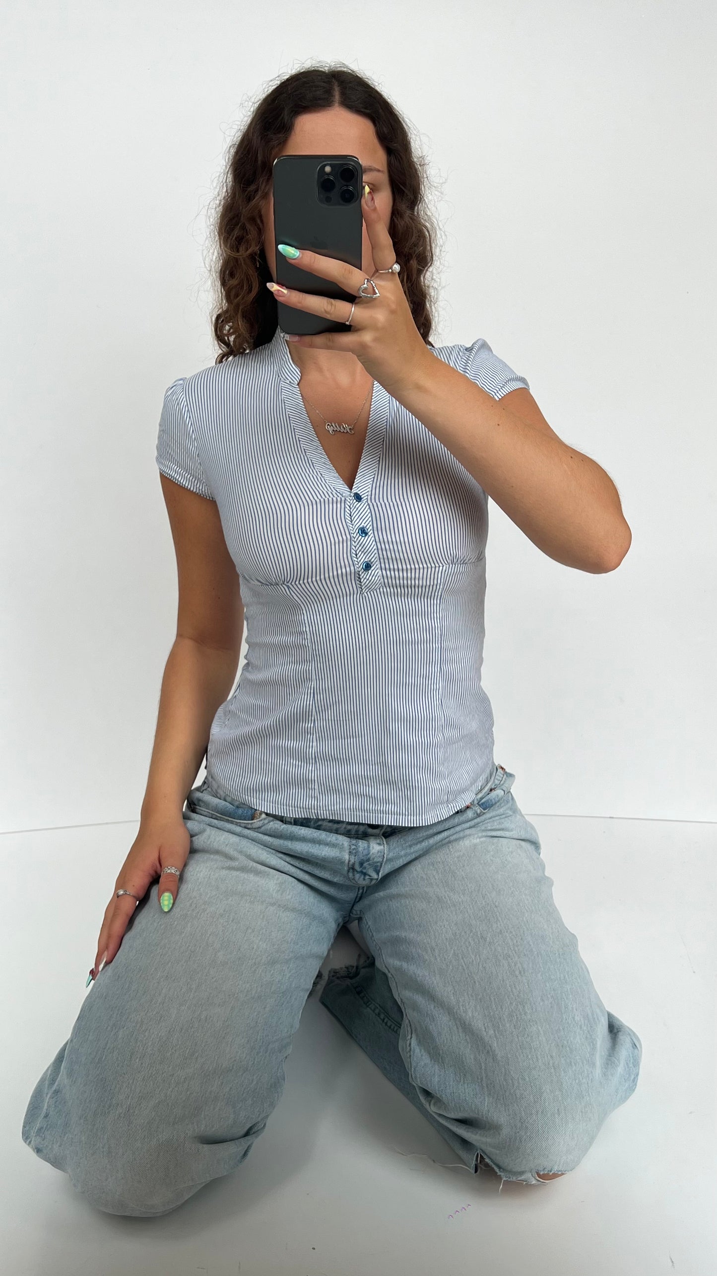 00s blue striped shirt- size S