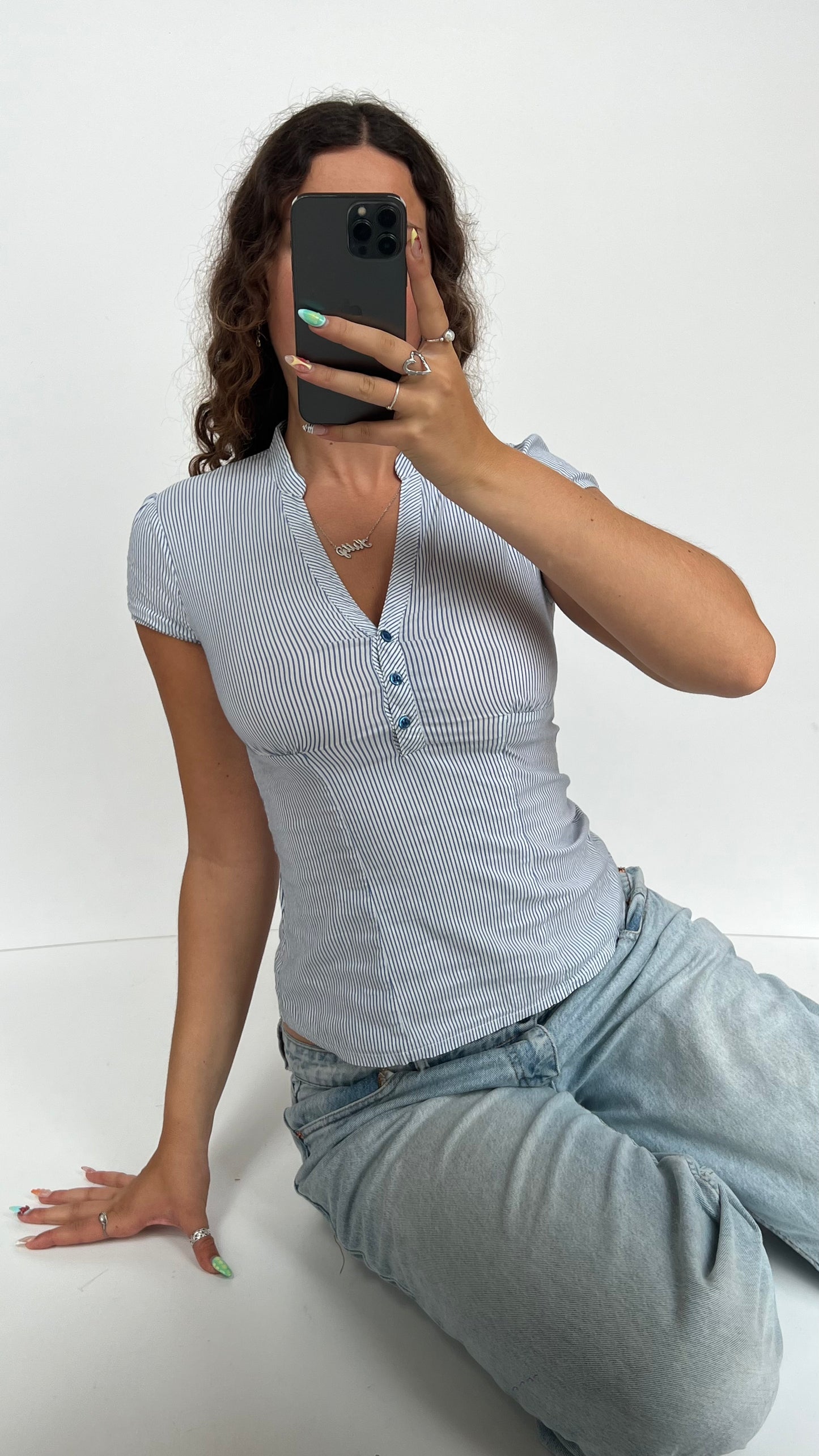 00s blue striped shirt- size S