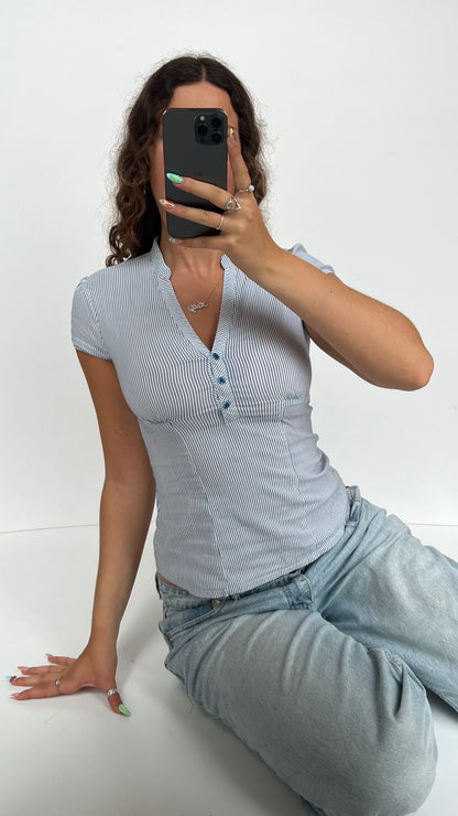 00s blue striped shirt- size S