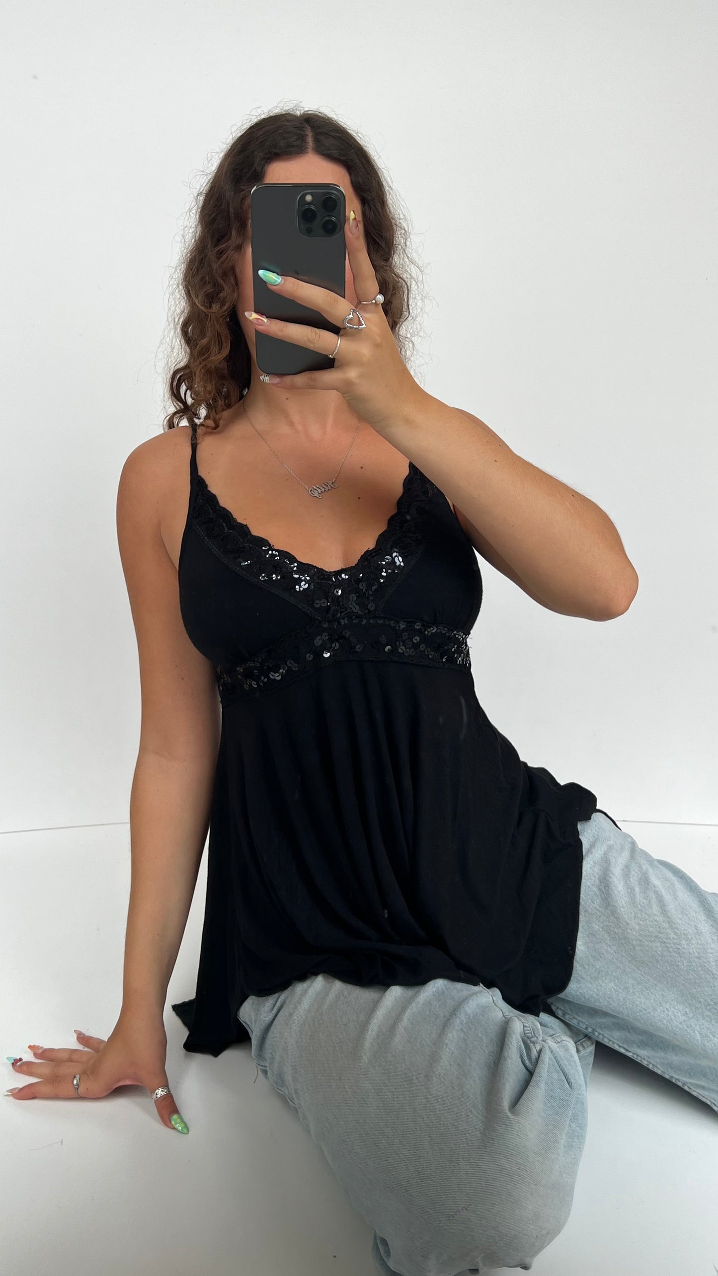 00s black sequin babydoll cami- size M