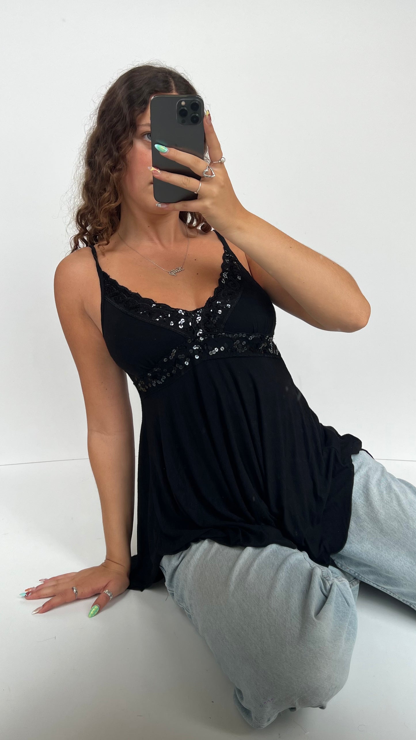 00s black sequin babydoll cami- size M