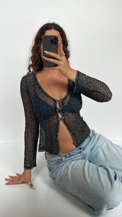 00s black mesh sequin top- size S