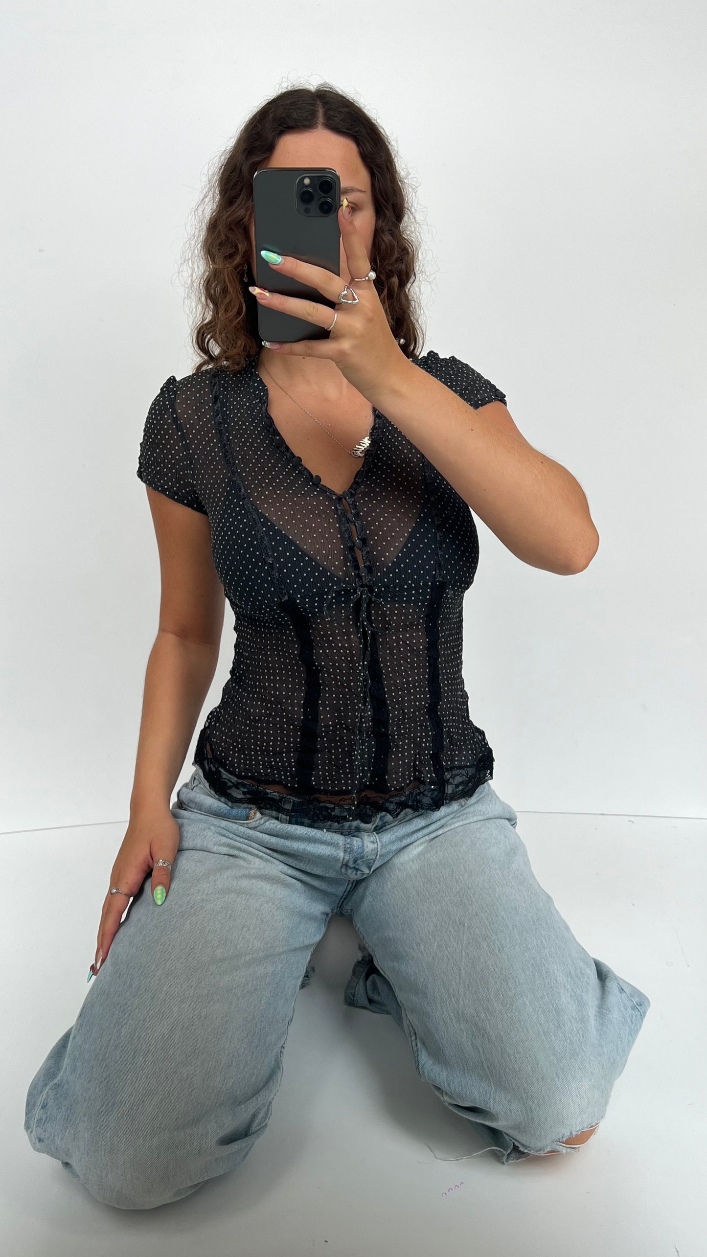 00s black polka dot top- size S
