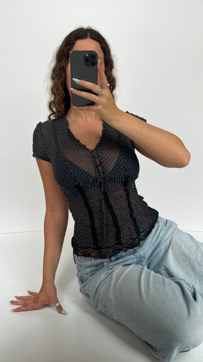 00s black polka dot top- size S