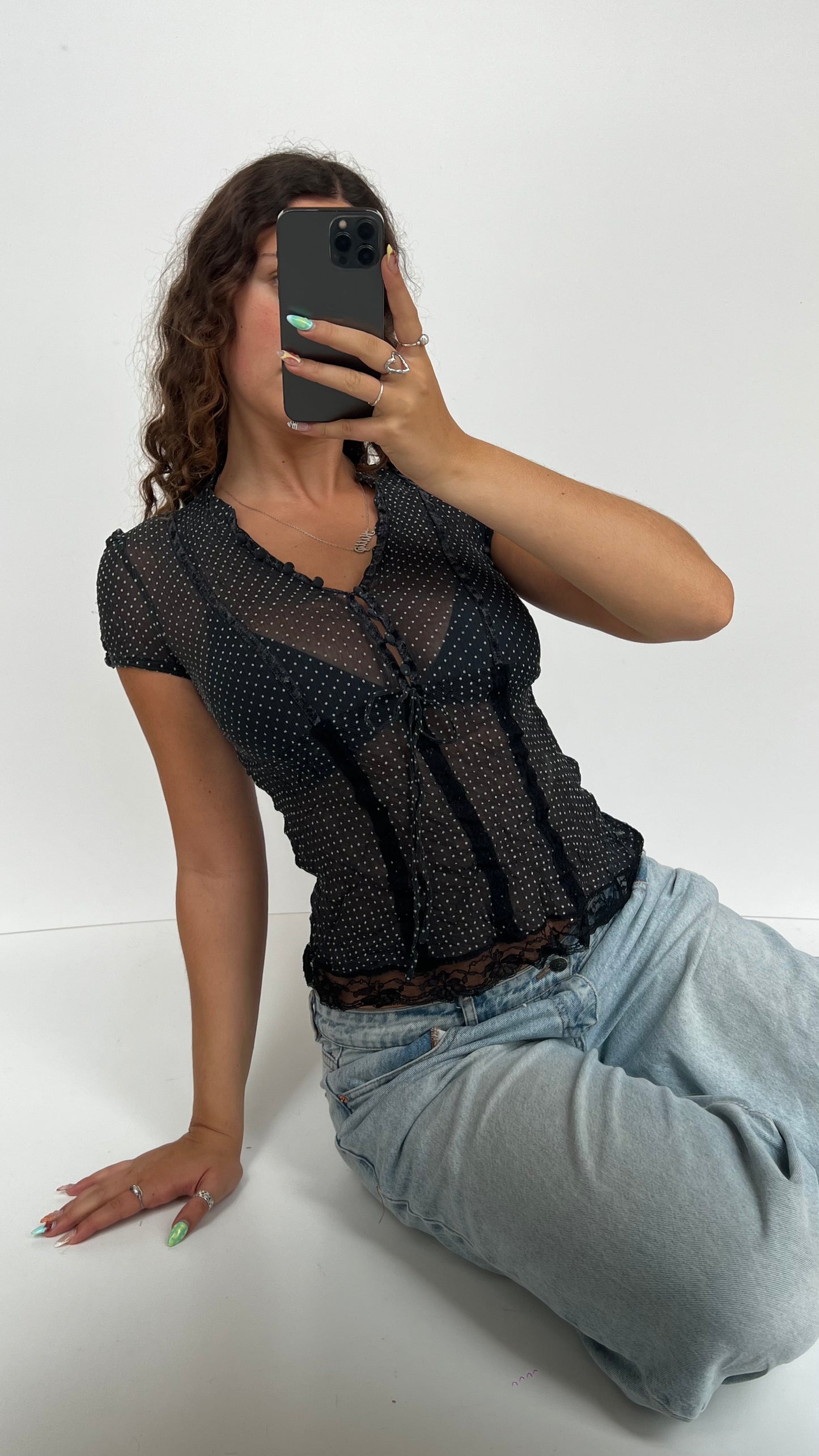 00s black polka dot top- size S